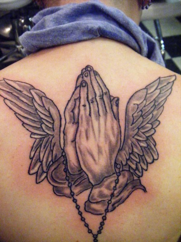 Winged Rosary Hands Tattoo On Upper Back For Men