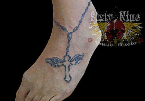 Winged Rosary Tattoo On Foot