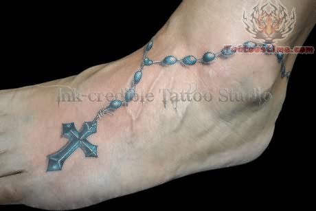 Wonderful 3D Blue Rosary Tattoo On Foot