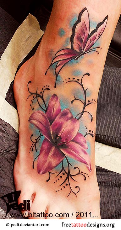 Wonderful 3D Butterfly And Flower Tattoo On Foot