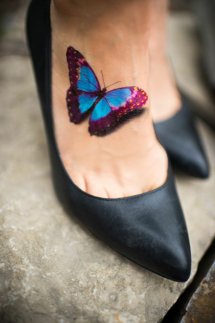 Wonderful 3D Butterfly On Foot Tattoo For Girls