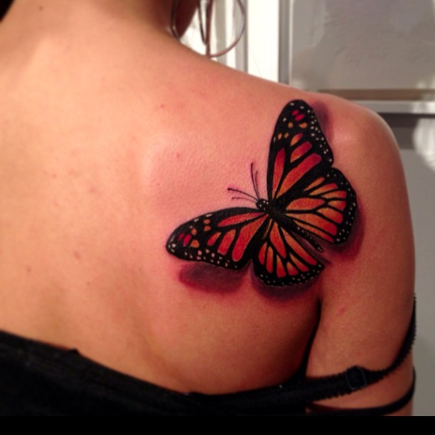 Wonderful 3D Monarch Butterfly Tattoo On Girl Back Shoulder