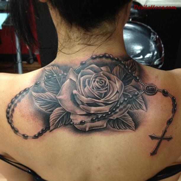 Wonderful 3D Rosary Rose Tattoo On Girl Upper Back