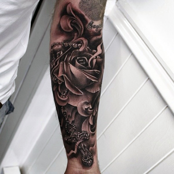 Wonderful 3D Roses With Rosary Tattoo On Arm Sleeve