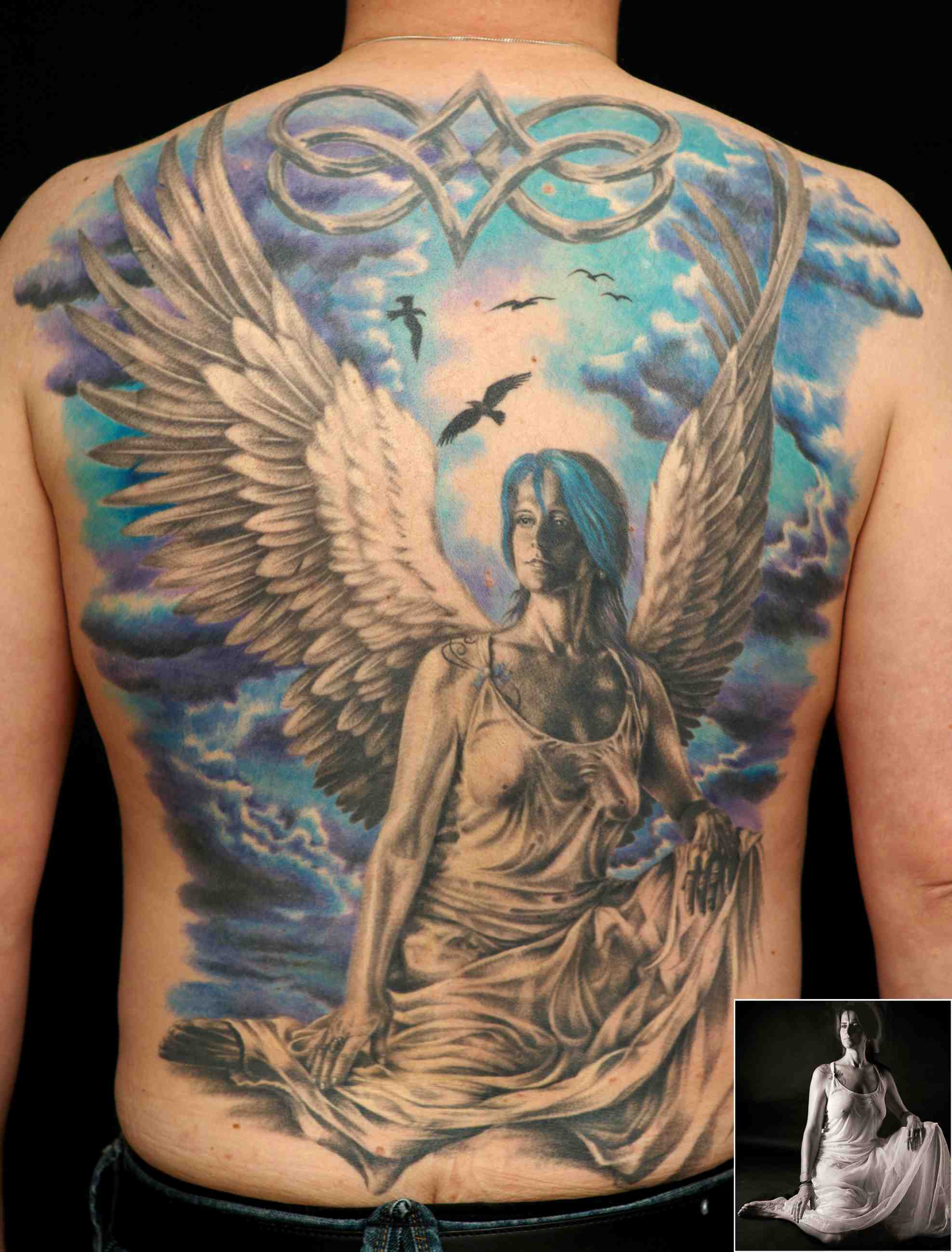 Wonderful 3D Sitting Angel Tattoo On Full Back