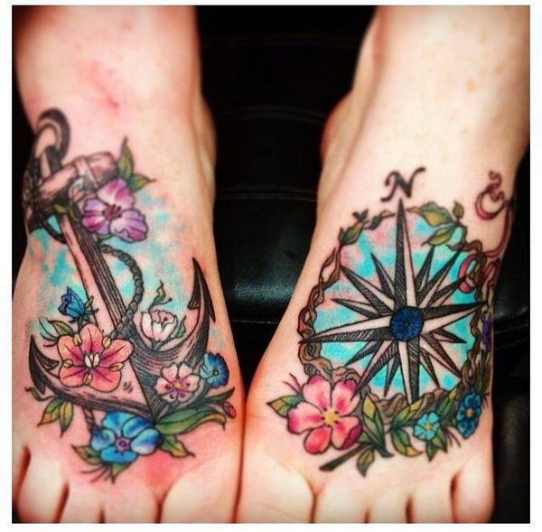Wonderful Anchor And Compass Tattoos On Feet