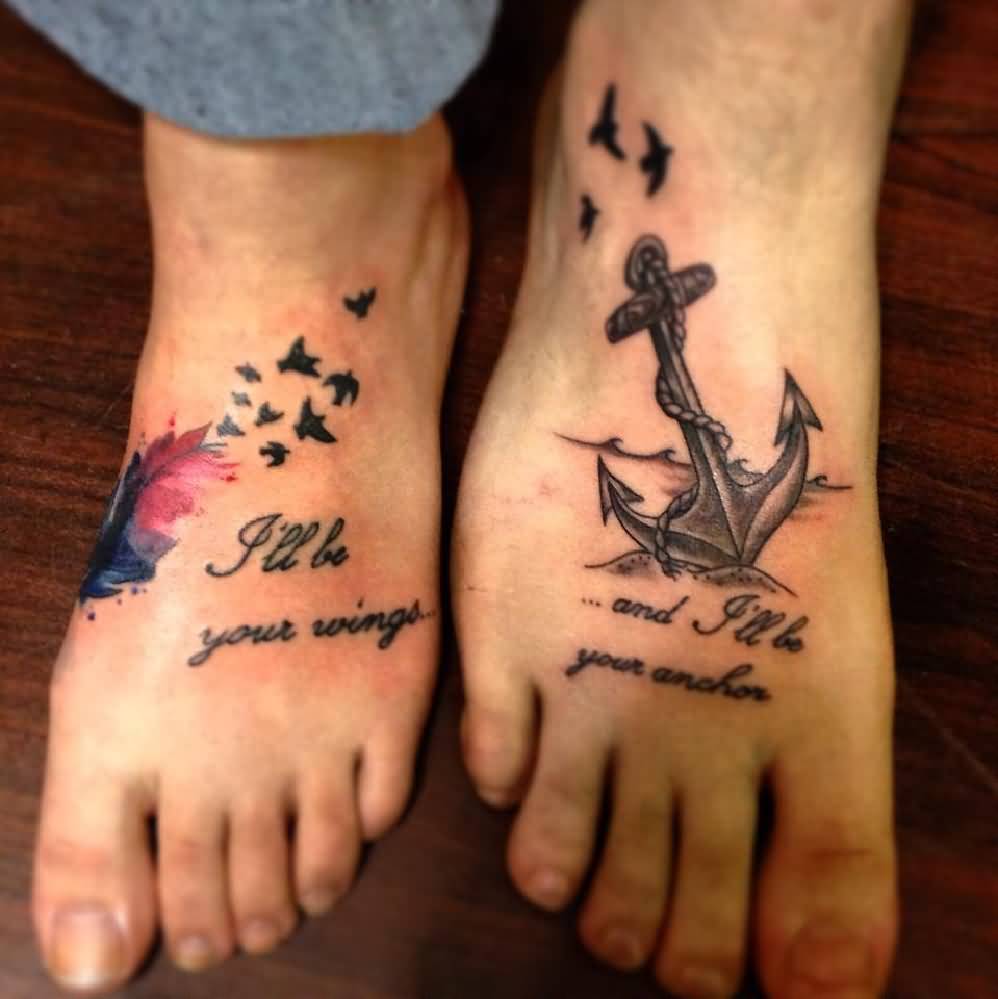 Wonderful Anchor Birds Tattoos On Feet For Brother And Sister