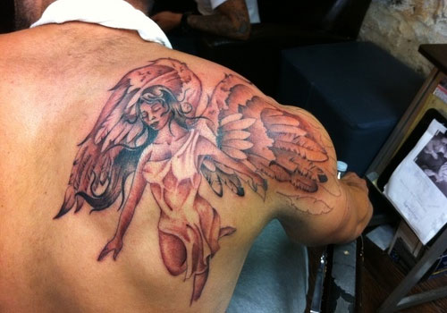Wonderful Angel Tattoo On Man Back Shoulder
