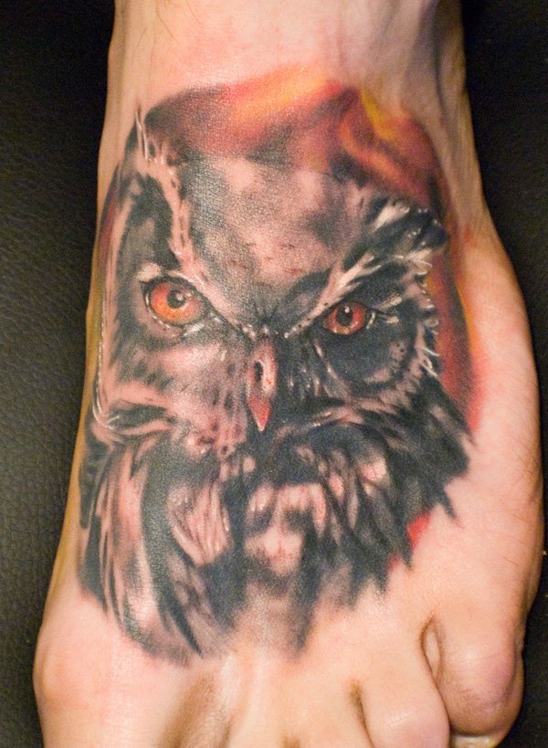 Wonderful Angry Owl Tattoo On Foot