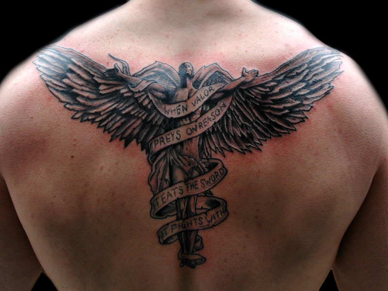 Wonderful Banner Angel Tattoo On Upper Back For Men