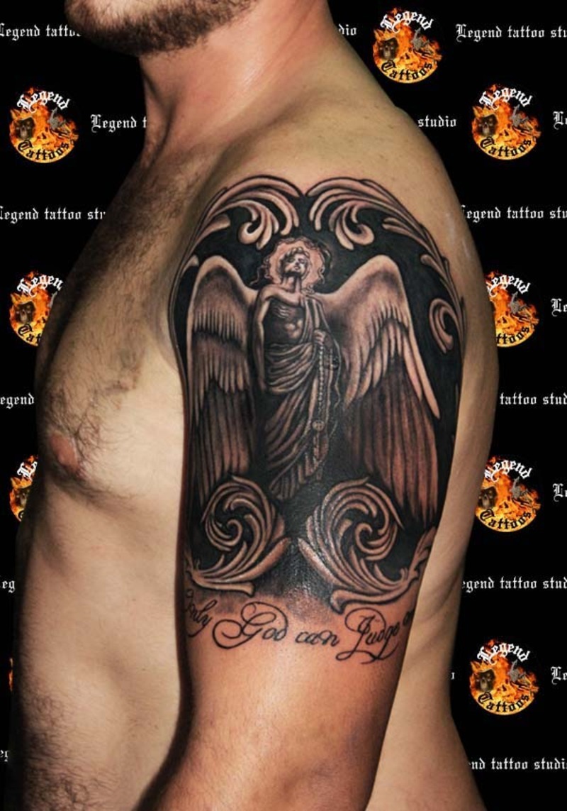 Wonderful Black Ink Angel Tattoo On Left Shoulder For Men