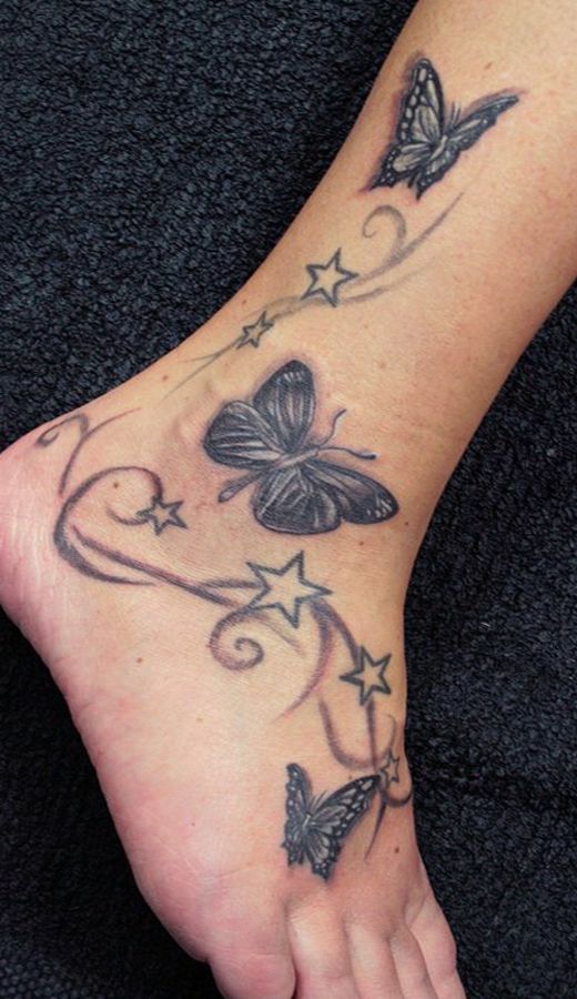 Wonderful Butterflies Stars Tattoo On Ankle And Foot