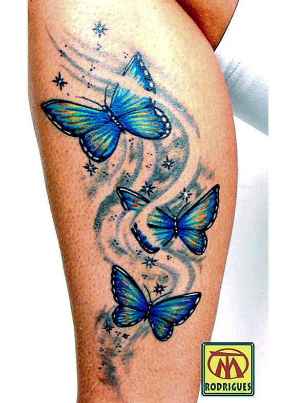 Wonderful Butterflies Stars Tattoo On Leg