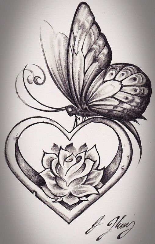 Wonderful Butterfly On Flower Heart Tattoo Design
