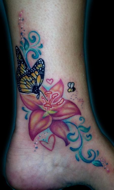 Wonderful Butterfly With Flowers Tattoo On Ankle