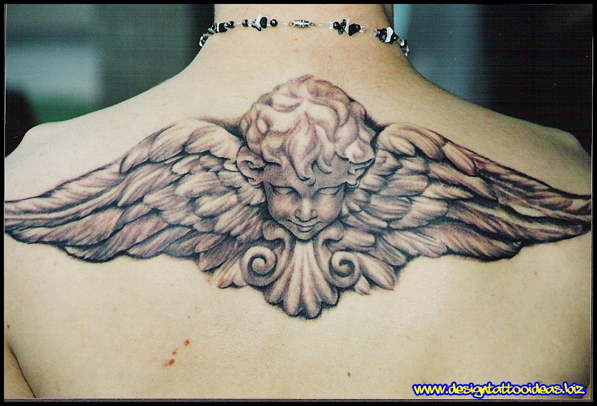 Wonderful Cherub Angel Tattoo On Upper Back