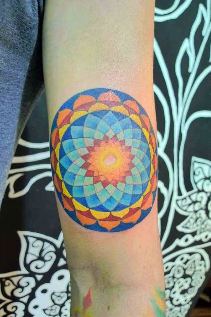 Wonderful Color Mandala Circle Tattoo On Biceps