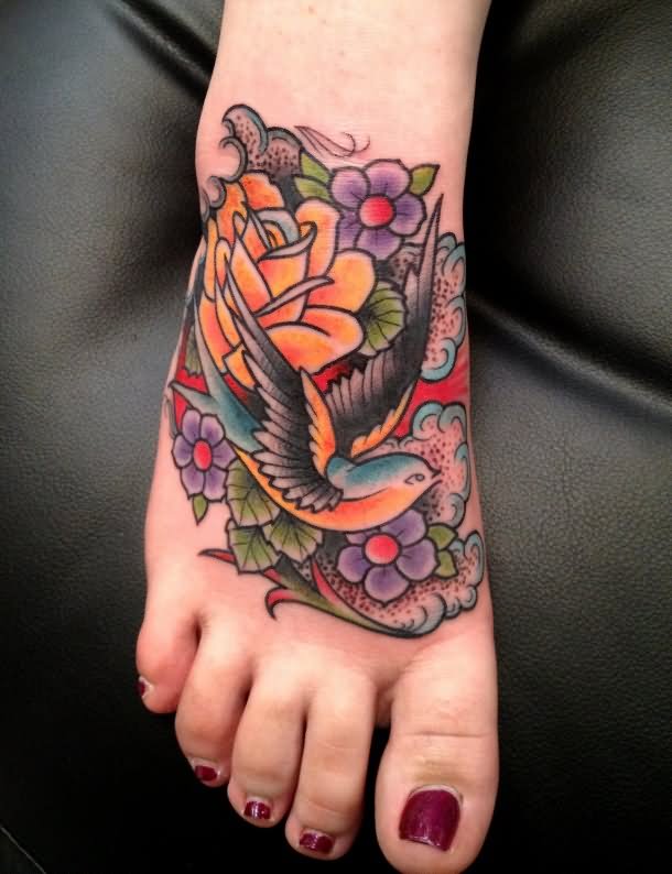 Wonderful Flying Bird With Rose Traditional Tattoo On Foot