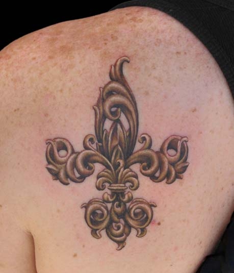 Wonderful Golden Fleur De Lis Tattoo On Back Shoulder