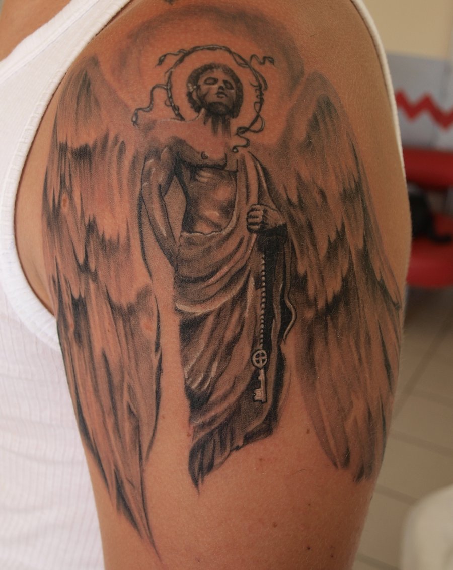Wonderful Helper Angel Tattoo On Man Shoulder By Zombthc