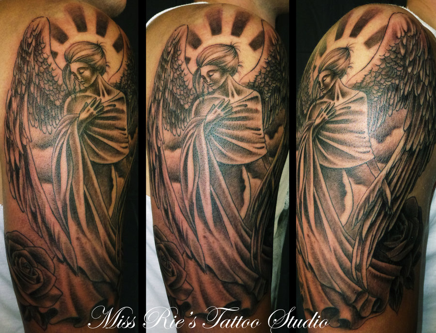 Wonderful Holy Angel Tattoo On Man Shoulder And Sleeve