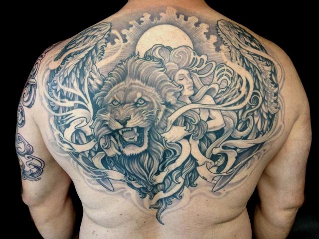 Wonderful Lion And Angel Tattoo On Upper Back