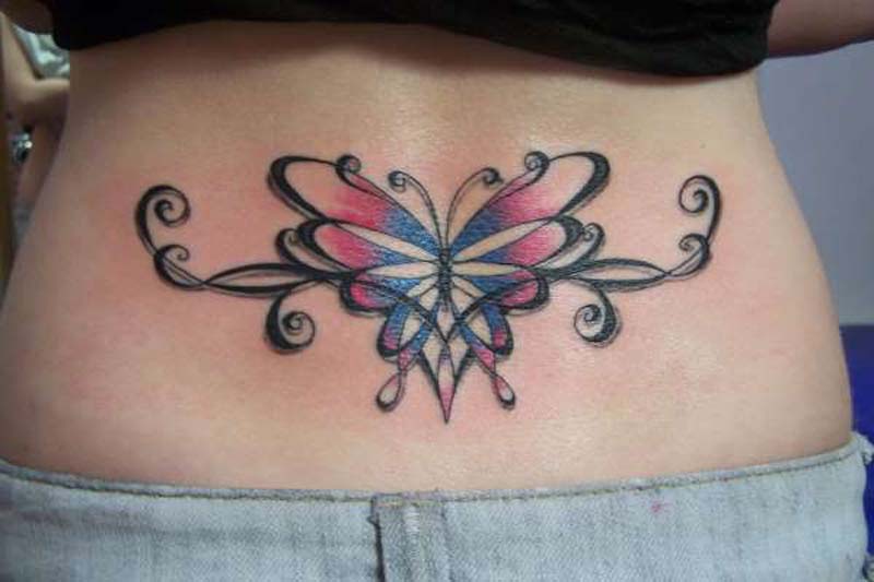 Wonderful Lower Back Tribal Butterfly Tattoo For Women