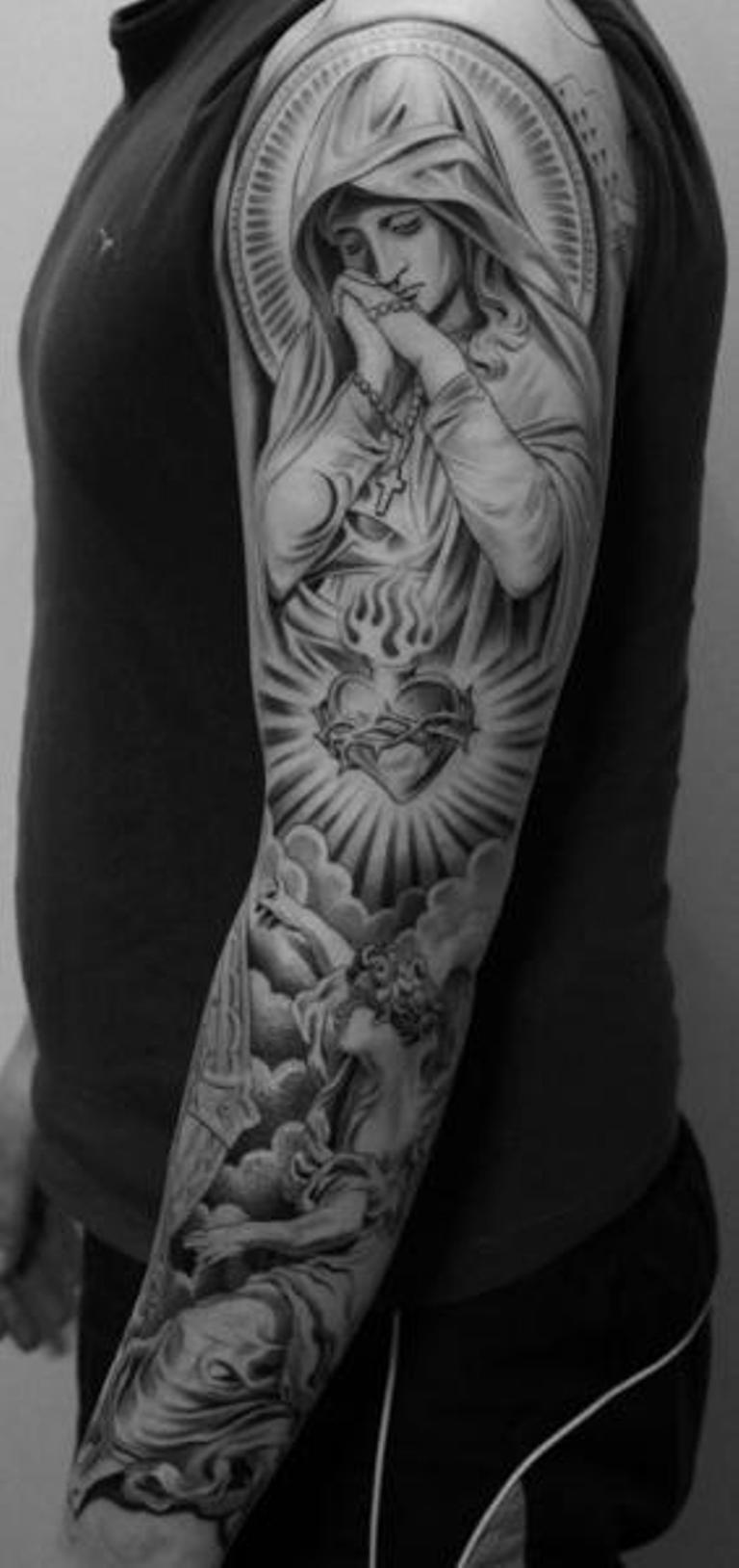 Wonderful Mother Mary Christian Tattoo On Full Sleeve