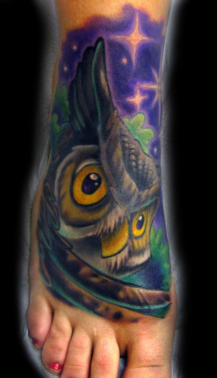 Wonderful Owl And Night View Tattoo On Foot By Tim Senecal