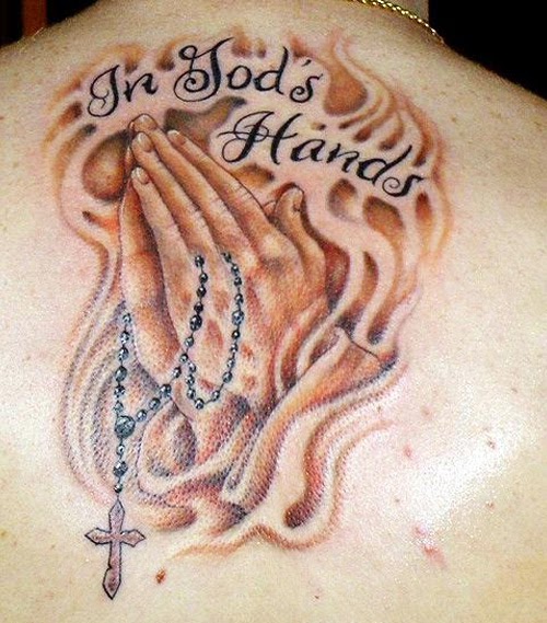 Wonderful Praying Hands With Cross Rosary Tattoo For Men