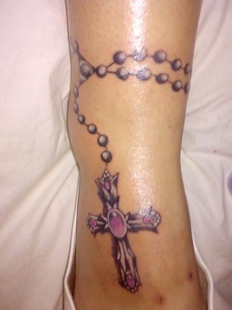 Wonderful Purple Rosary Foot And Ankle Tattoo For Girls