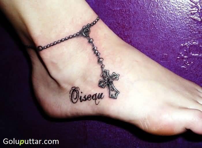 Wonderful Realistic Cross Ankle Chain Bracelet Tattoo