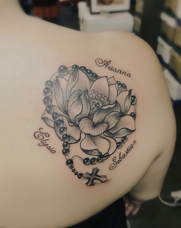 Wonderful Rosary Remembrance Tattoo On Back Shoulder By Louisa