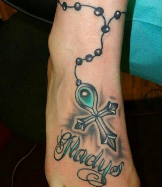 Wonderful Rosary Word Tattoo On Foot