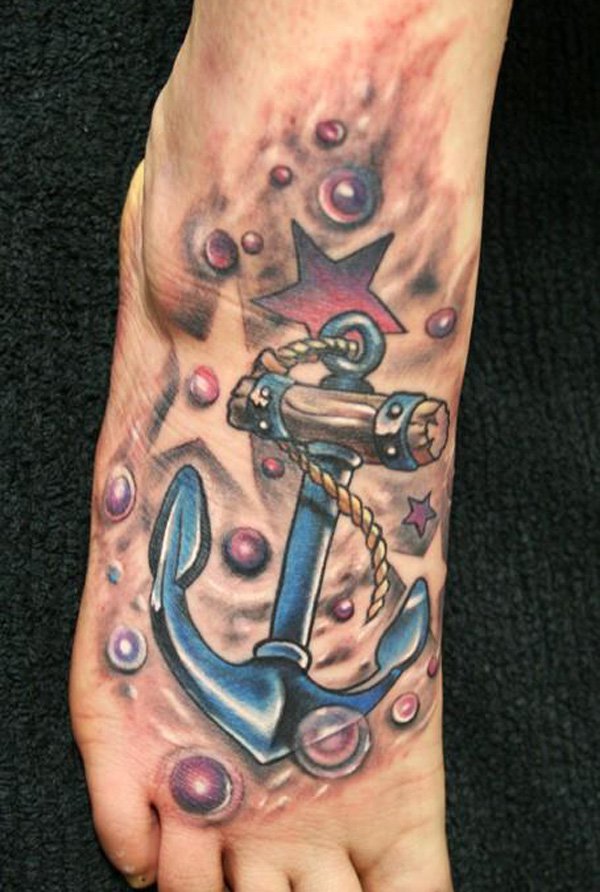 Wonderful Star Anchor With Water Bubbles Foot Tattoo