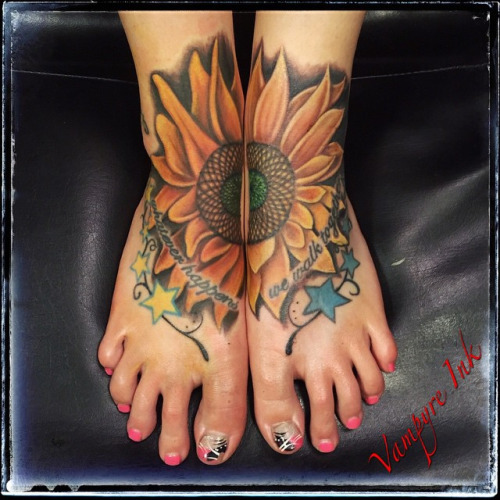 Wonderful Sunflower Wording Tattoo On Foots