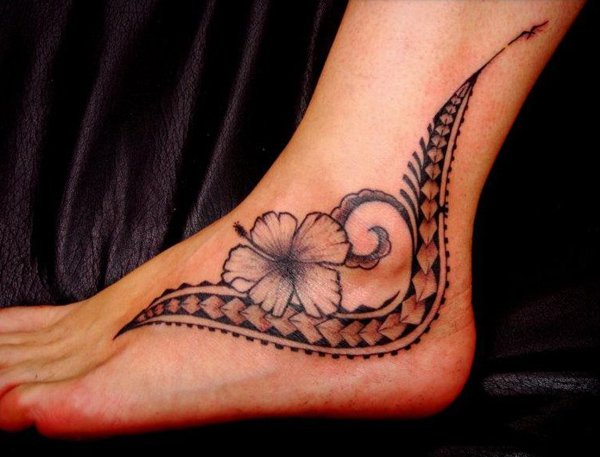 Wonderful Tribal Hibiscus Flower Tattoo On Foot And Ankle