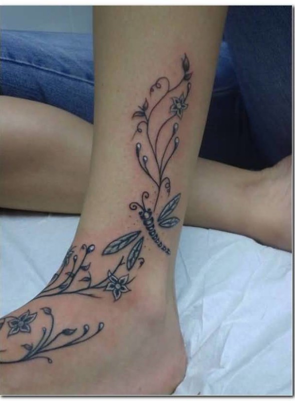 Wonderful Vine And Dragonfly Tattoo On Leg To Foot