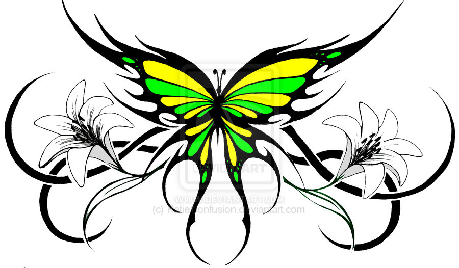 Wonderful Yellow Green Tribal Butterfly Tattoo Design