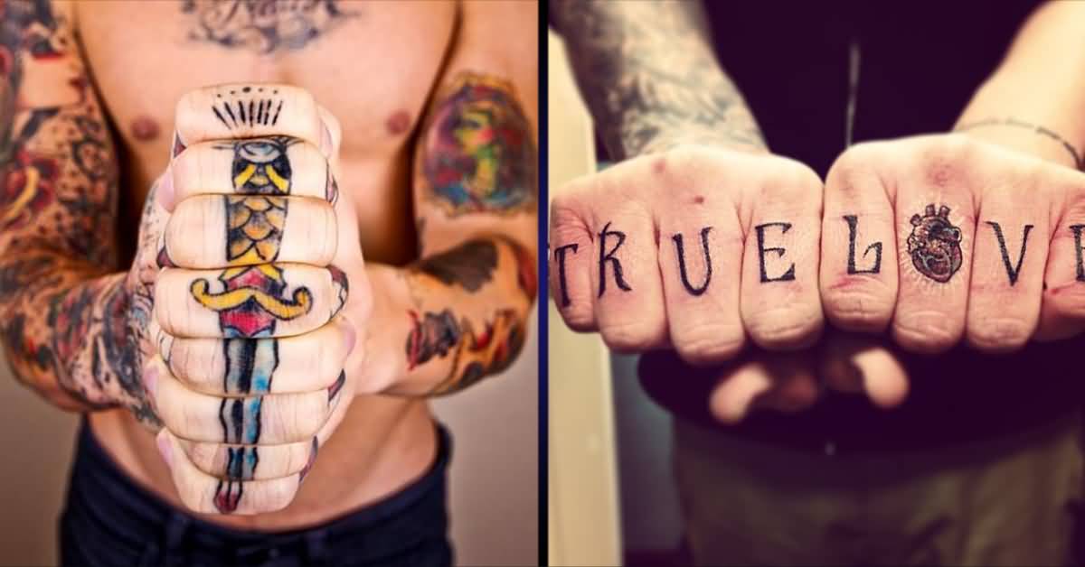 Word And Dagger Both Hand Fingers Tattoos