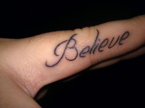Word Believe Inner Finger Tattoo