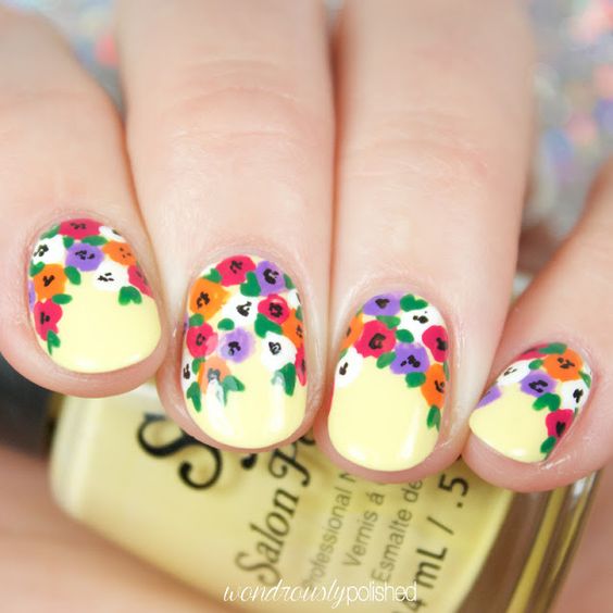 Yellow Base Nails With Colorful Spring Flowers Nail Art