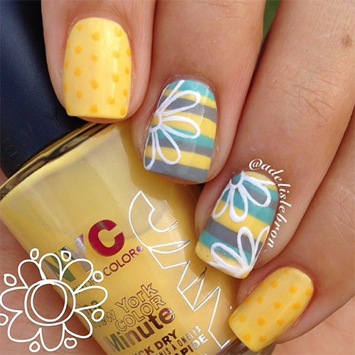Yellow Gray And Blue Stripes With White Spring Flower Outline Design Nail Art