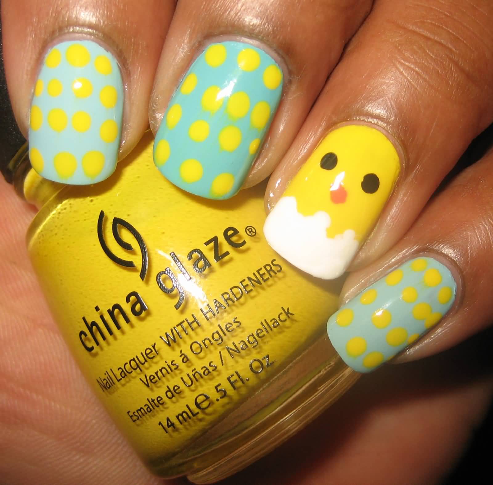 Yellow Polka Dots And Easter Chick Nail Art