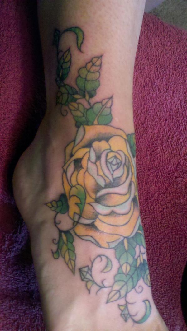 Yellow Rose Traditional Tattoo On Foot And Ankle
