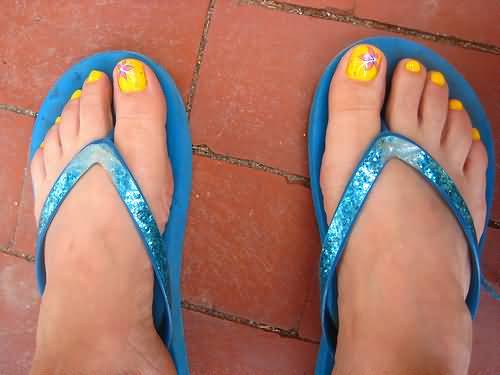 Yellow Toe Nails With Spring Flowers Nail Art