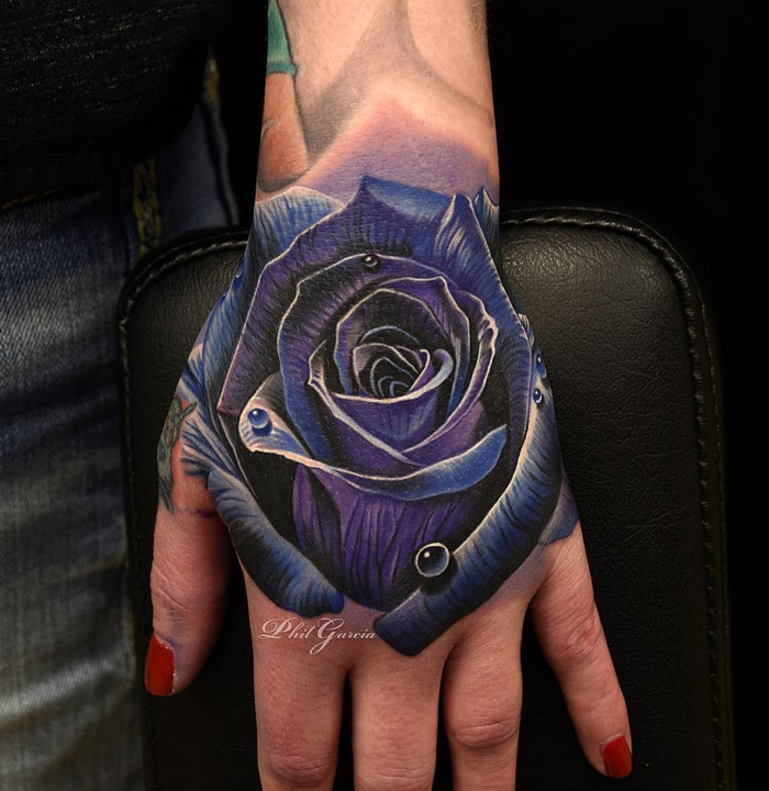3D Water Drops On Rose Tattoo On Girl Left Hand