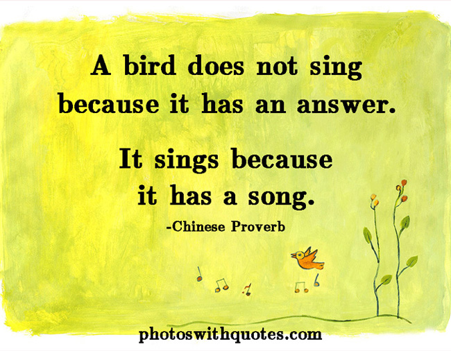 A bird doesn't sing because it has an answer, it sings because it has a song. Chinese Proverb