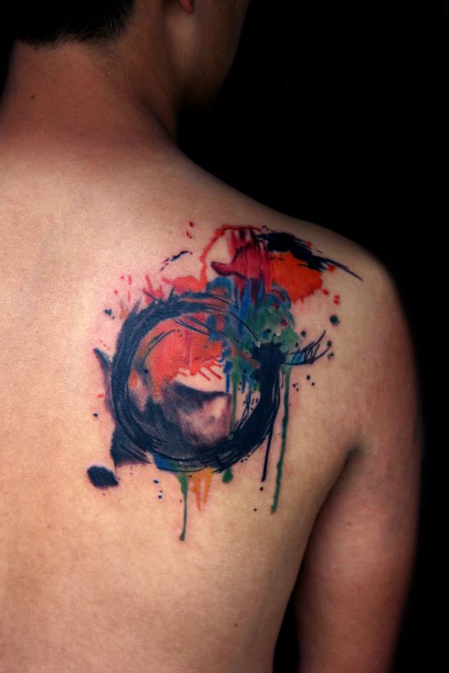 Abstract Watercolor Zen Tattoo On Right Back Shoulder