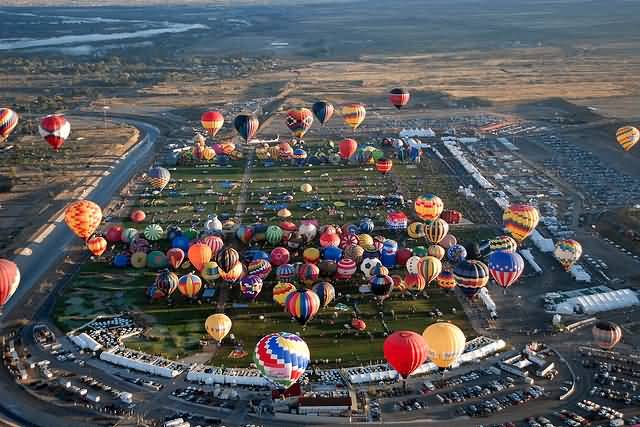Aerial View Of Bright Color Air Balloons At Albuquerque Balloon Festival
